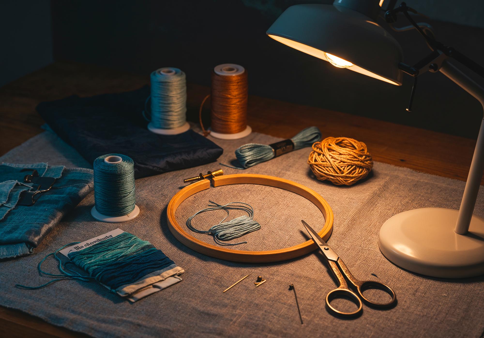 Atelier workbench with hoop, gold thread and sample badges