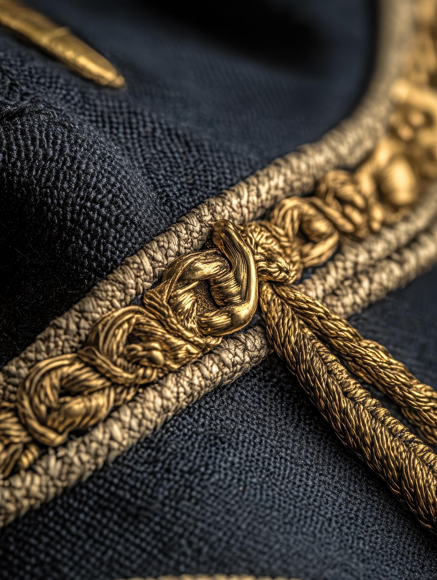 Large editorial shot: embroidered blazer lapel in gold thread