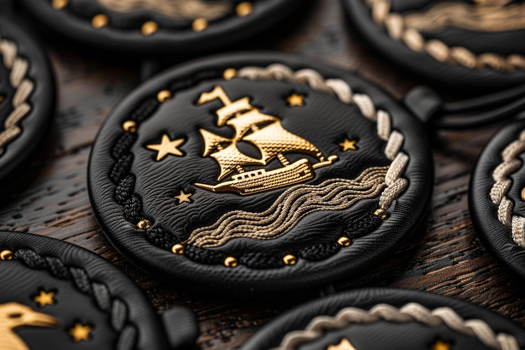 Stack of embroidered patches on neutral surface